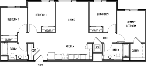 Floor plan for 4 beds, 2 baths, 1183 sqft